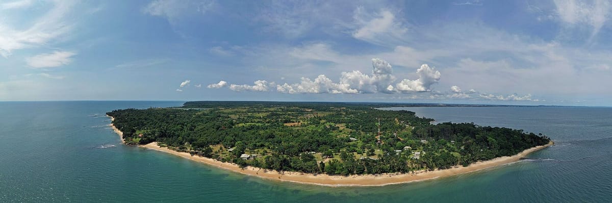 Muara Libreville dan tanjung berhutan dilihat dari udara