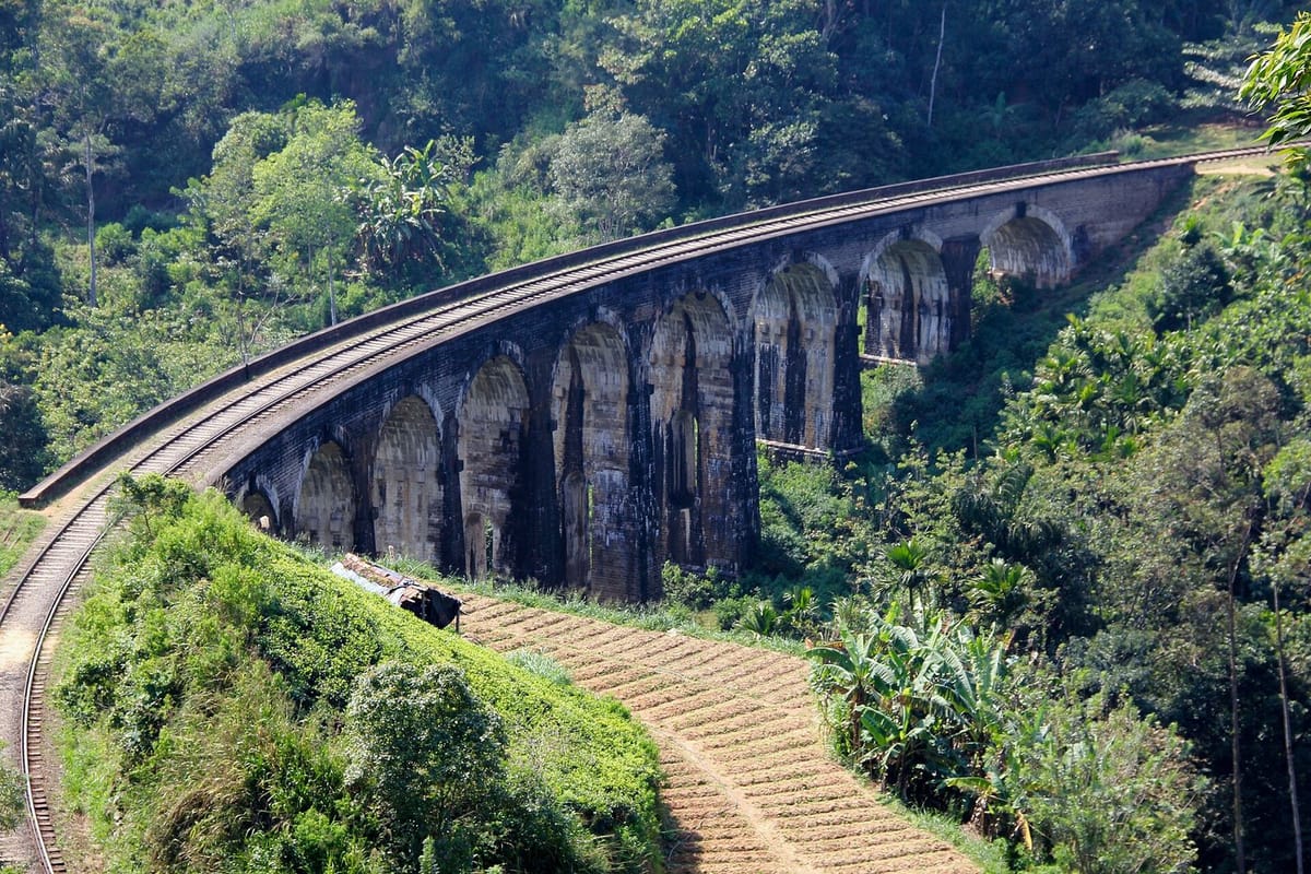 Jembatan Sembilan Lengkung di antara hutan teh Demodara, Ella