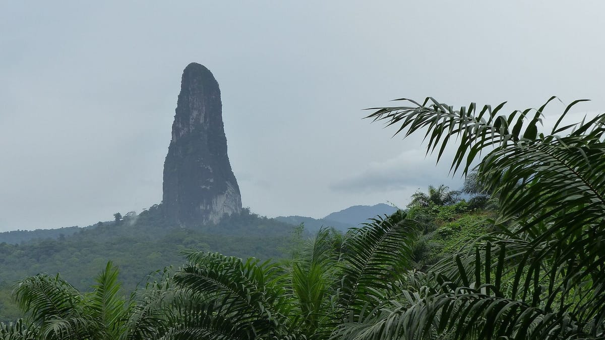 Puncak batu vulkanik Pico Cão Grande menjulang dari hutan