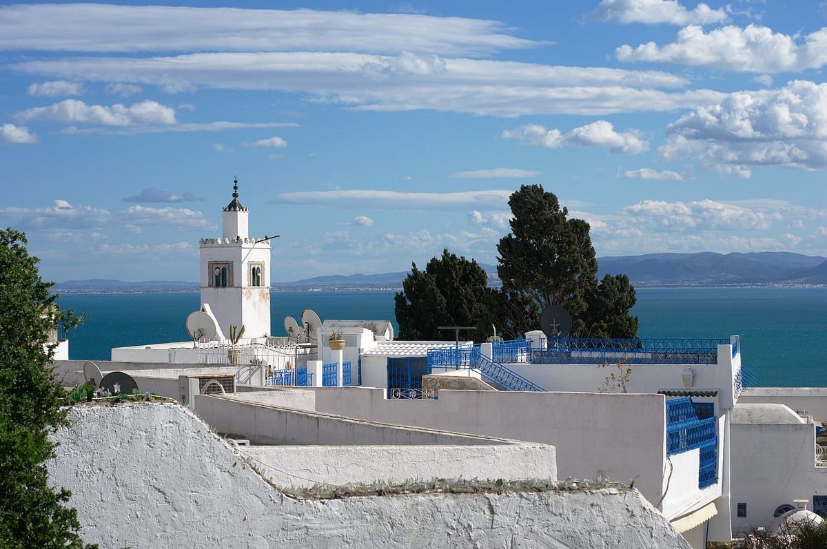 Gang berbatu dengan pintu bercat biru di Sidi Bou Said